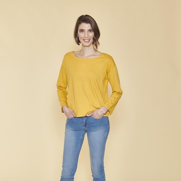 Tee-Shirt Carré Manches Longues Femme - Jaune Moutarde En Coton-image