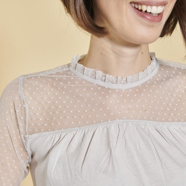 Tee-Shirt éVasé Plumetis Manches Longues Femme - Gris Clair En Coton-image