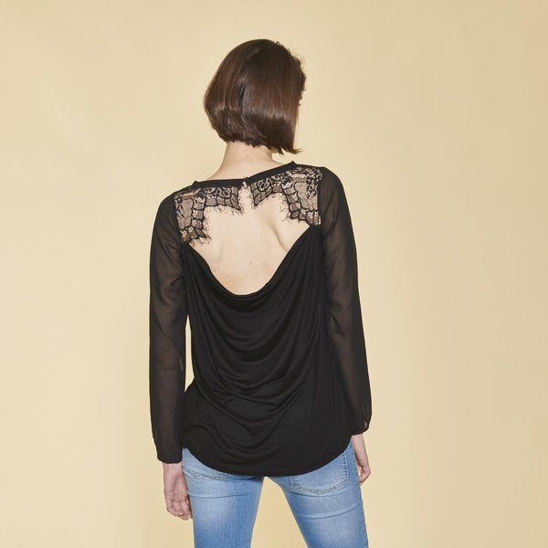 Tee-Shirt Manches Longues Dos Ouvert Et Drapé Dentelle Femme - Noir-image