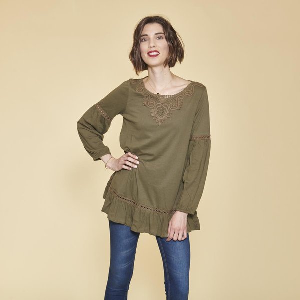 Tee-Shirt Manches Longues éLastiquéEs Guipure Et Volants Femme - Kaki En Coton-image