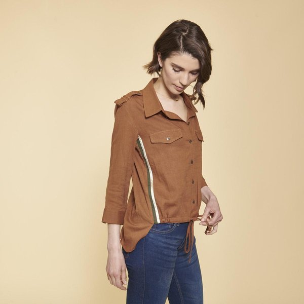 Chemise En Viscose/Lin Avec Bandes AppliquéEs Camel-image