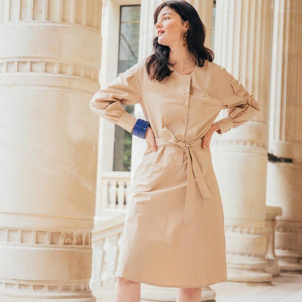 Robe Manches Longues CeinturéE En Popeline Beige Dali RééDition-image
