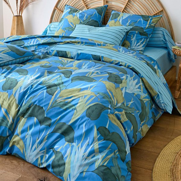 Housse De Couette En Percale De Coton RéVersible Bleue à Motif Tropical - Brume D'asie-image