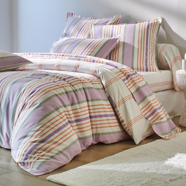 Housse De Couette RéVersible En Coton Lilas à Rayures Multicolores - Harmonie-image