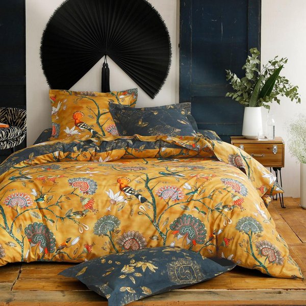 Housse De Couette RéVersible En Satin De Coton Jaune Ocre à Motif Tropical - Jardin Extra-image