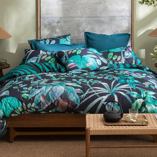 Housse De Couette Coton Vert Tropical Noir RéVersible - Mysterieux-image