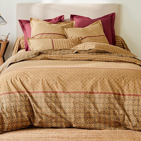 Housse De Couette Percale De Coton RéVersible Jaune Ocre Motifs Graphiques éCru - Romeo-image