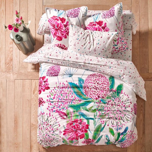 Drap Plat Coton Blanc Imprimé Floral Multicolore - Rose Menthol-image