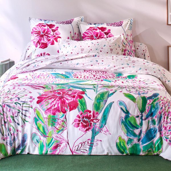 Housse De Couette En Coton Blanc Imprimé Floral Rose RéVersible - Rose Menthol-image