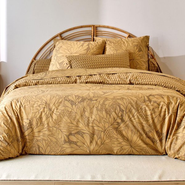 Housse De Couette Coton RéVersible Jaune Ocre Floral Brun Taupe - Sido-image