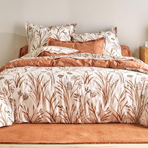 Housse De Couette Percale De Coton Terracotta RéVersible Motif VéGéTal - Collection Souffle De Paille-image