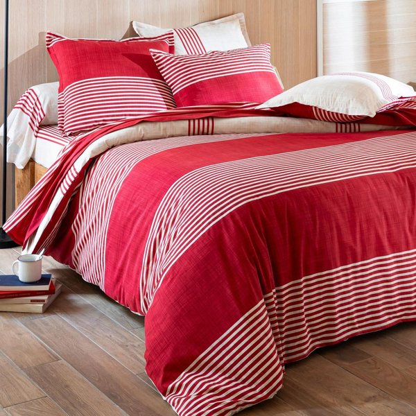 Housse De Couette Coton RéVersible Rouge à Rayures éCru - Toboggan-image