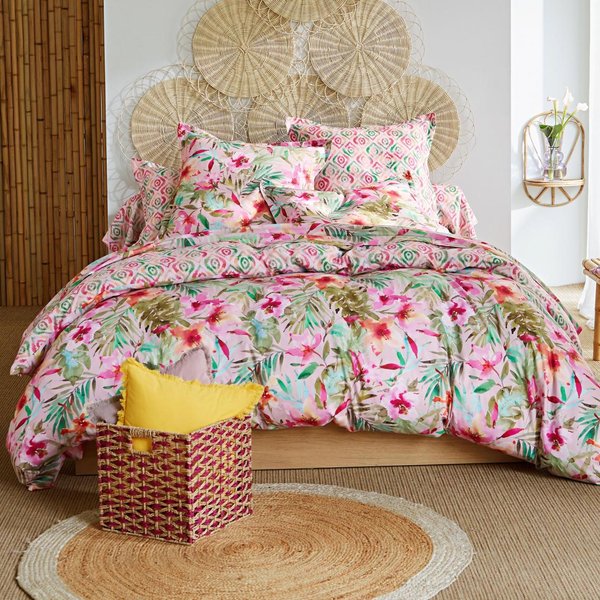 Housse De Couette RéVersible En Coton Rose Poudré à Motif Tropical - Vibrante-image