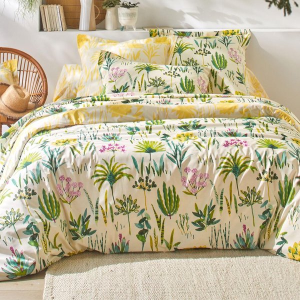 Housse De Couette En Coton éCru RéVersible Motif Tropical Jaune - Vitamine-image