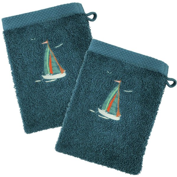 Lot De 2 Gants De Toilette Coton 450 G/M² BrodéS Bateaux Bleu Paon-image