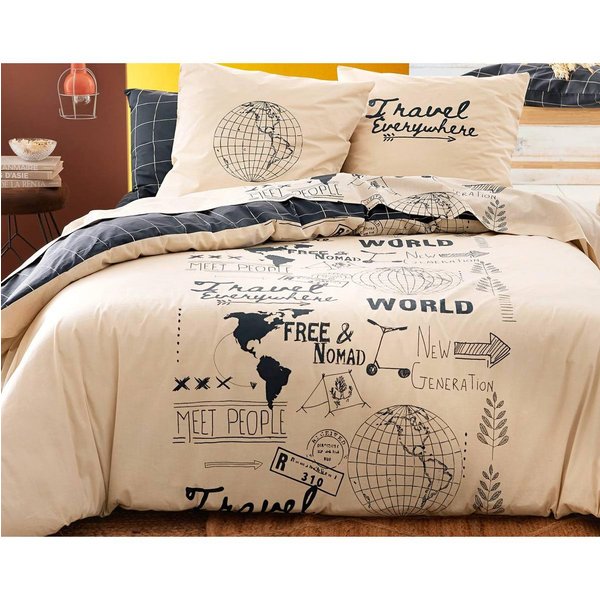 Housse De Couette En Coton Beige RéVersible ThèMe Voyage - Generation-image