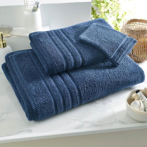 Serviette De Toilette, Drap De Bain En Coton Bandesechelle Bleu Marine-image