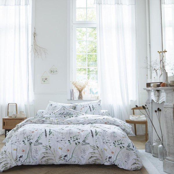 Housse De Couette Coton Fraicheur RéVersible Imprimé Floral Blanc-image