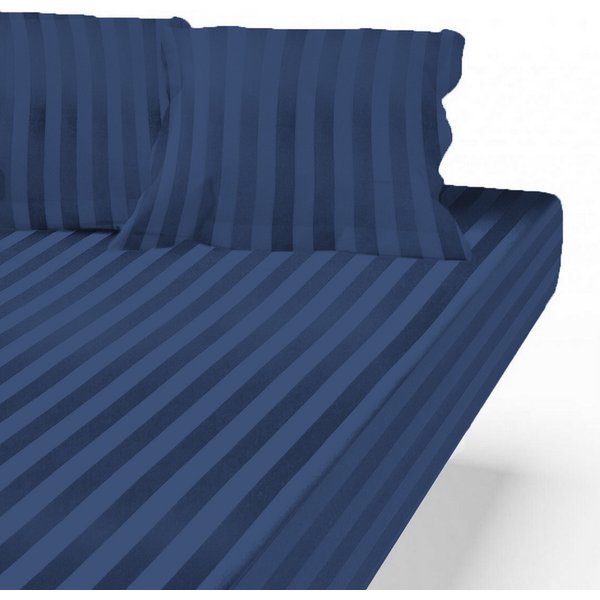 Drap Housse Satin De Coton Rayé Tertio® - Bleu - Indigo-image