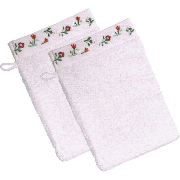 Lot De 2 Gants De Toilette En Coton Blanc Avec Liteau Floral - Flora-image