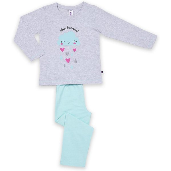 Pyjama Long Fille En Coton - Gris Chiné Imprimé / Vert Aqua - Pluie D'amour !-image