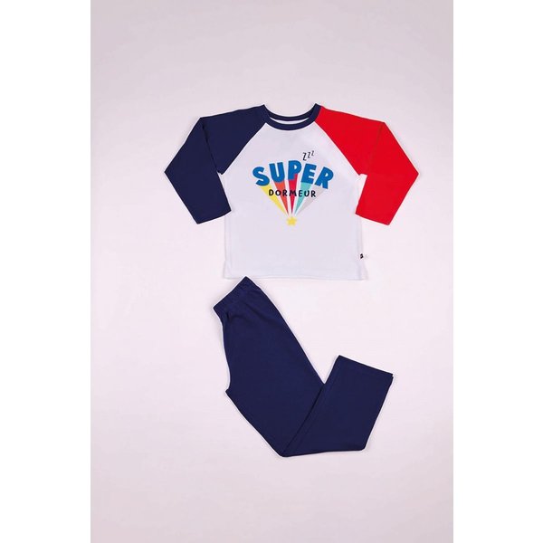 Pyjama Long GarçOn En Coton - Blanc - Bleu Marine - Rouge Imprimé/ Bleu Marine-image