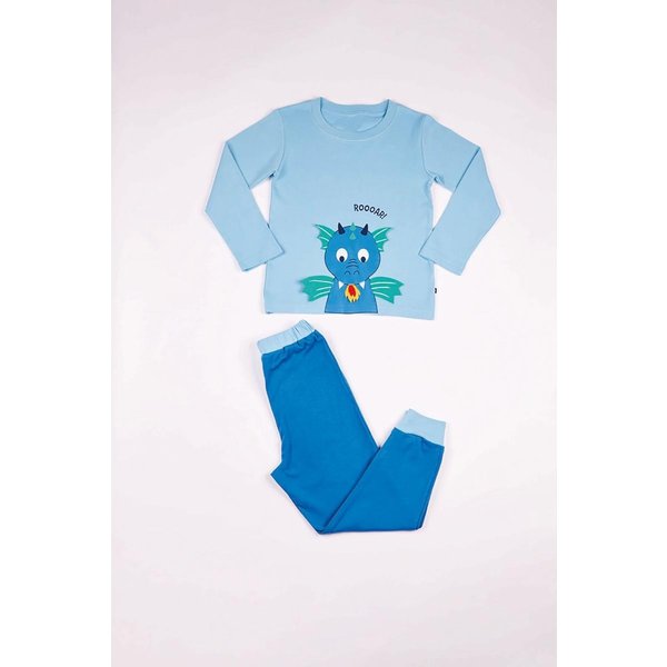 Pyjama Long GarçOn En Coton - Bleu Clair Imprimé / Bleu Foncé Et Bleu Clair Pastel - Dragon-image