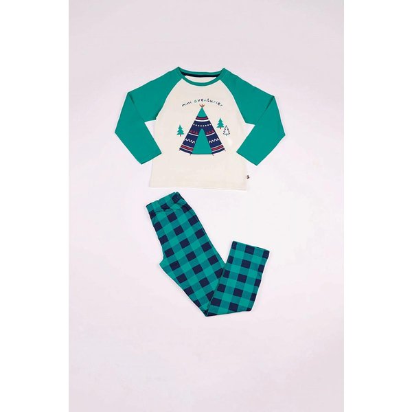 Pyjama Long GarçOn En Coton - Blanc Et Vert Imprimé / Vert à Carreaux - Mini Aventurier-image