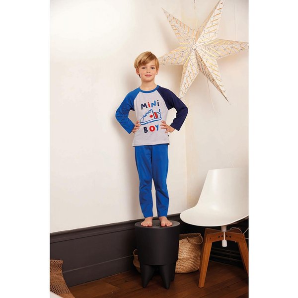 Pyjama Long GarçOn En Coton - Gris Chine - Bleu ÉLectrique - Bleu Marine- Mini Boy-image