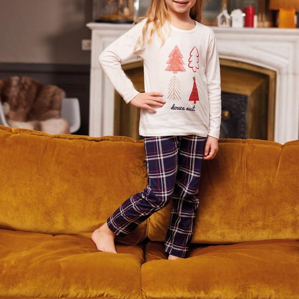 Pyjama Long Fille En Coton - ÉCru à Motifs Sapins De NoëL / Bleu Marine à Carreaux ContrastéS-image