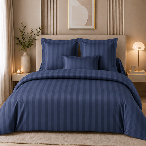 Housse De Couette Satin De Coton 2 Faces Uni / Rayé Tertio® - Bleu - Indigo-image