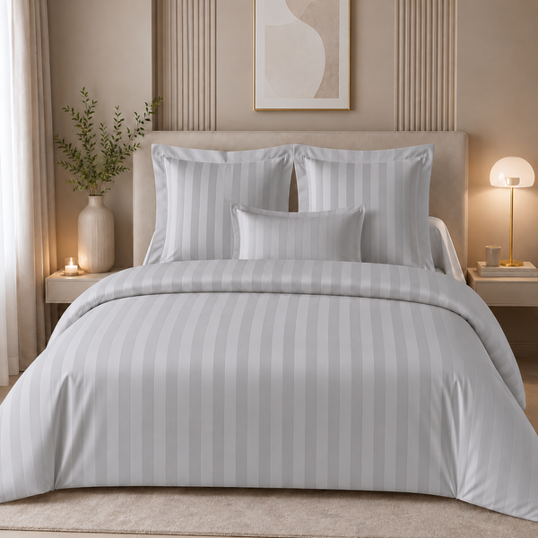 Housse De Couette Satin De Coton 2 Faces Uni / Rayé Tertio® - Gris - Perle-image