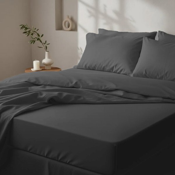 Drap Housse Luxe Percale De Coton Bio - Gris Anthracite - Basalte-image