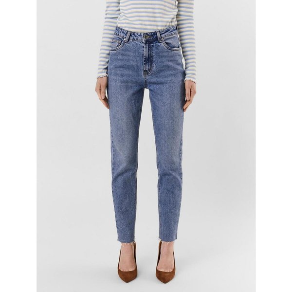 Jean Coupe Droite Straight Fit Taille Haute Longueur Cheville Bleu En Coton Yara-image