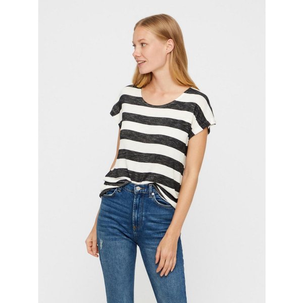 Top Boxy Fit Rayures Col Rond Manches Courtes Ourlet Bas Noir En Viscose-image