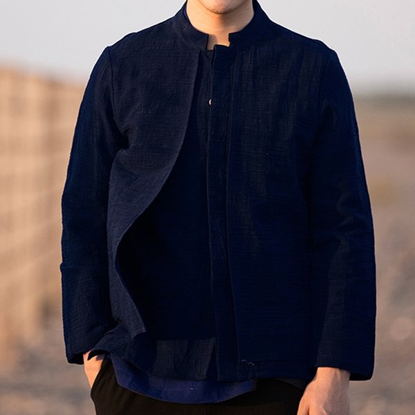 Modern Stand-up Collar Linen Mandarin Shirt - Dark Blue