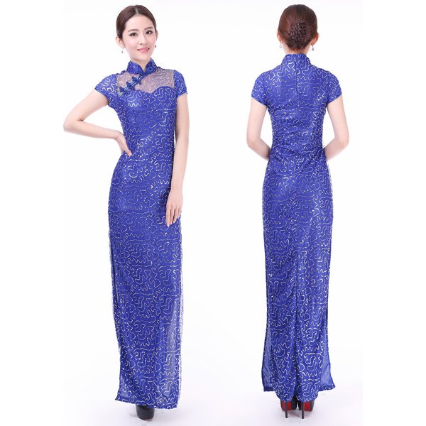 Marvelous Shining Chiffon Long Cheongsam Dress - Blue