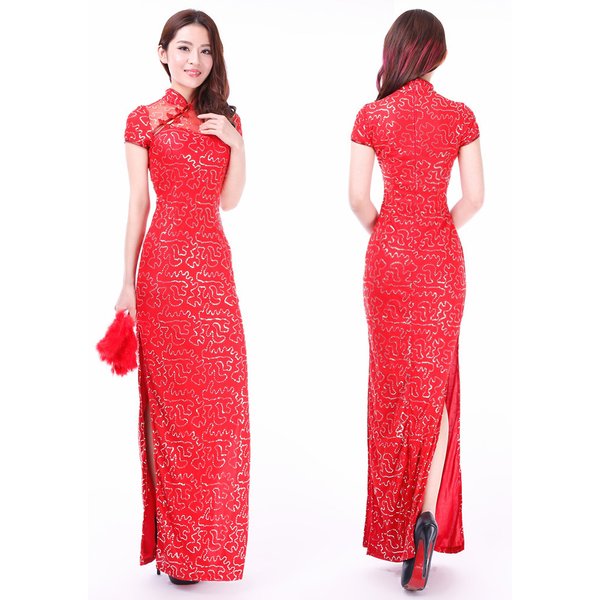 Marvelous Shining Chiffon Long Cheongsam Dress - Red