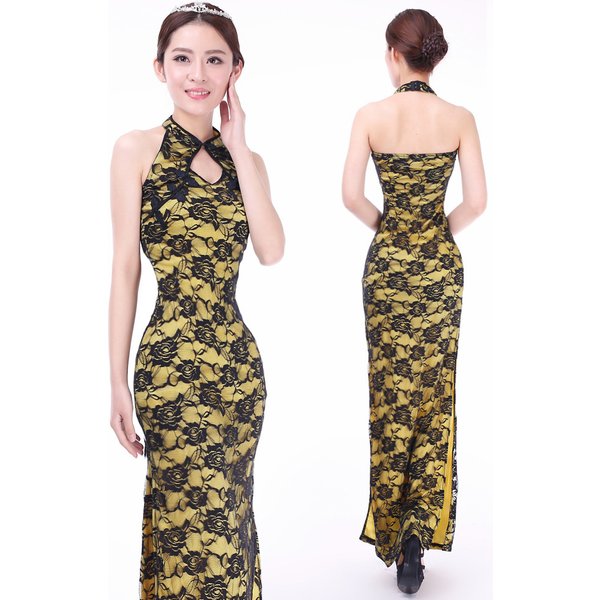 Modern Sexy Roses Lace Long Cheongsam Dress - Yellow