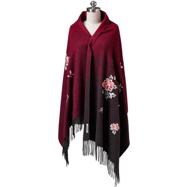 Fabulous Butterfly Peony Flowers Embroidery Long Wool Wrap