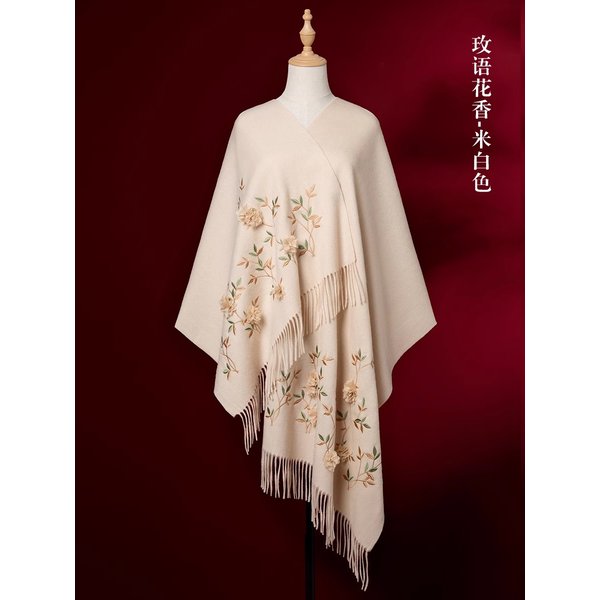 Fantastic Floral Embroidery Long Wool Wrap -B