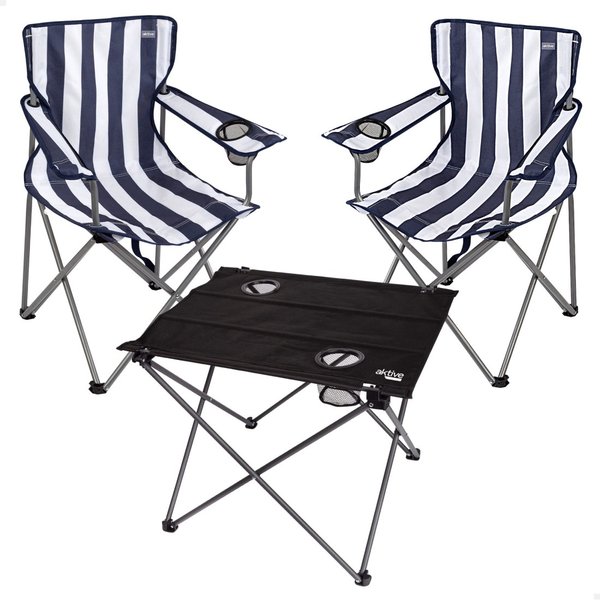 Pack 2 sillas camping 48x47x82 cm rayas y mesa plegable 61x50x51 cm