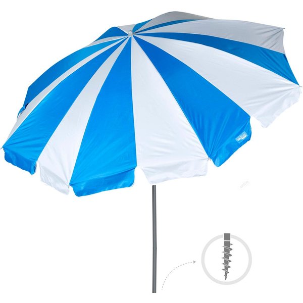 Sombrilla playa 8 varillas 220 cm azul y blanco con espiral de anclaje
