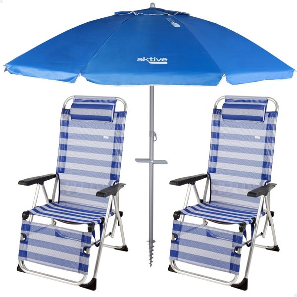 Pack 2 tumbonas de playa plegables a rayas c/cojín + sombrilla antiviento 220 cm azul