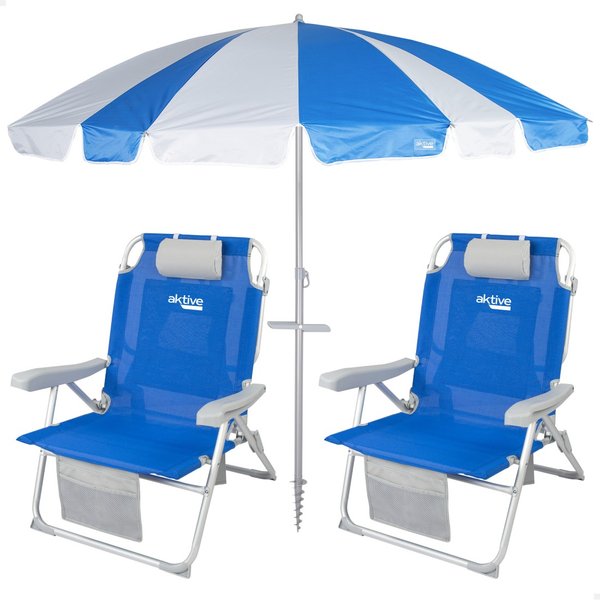 Pack 2 sillas de playa plegables xxl azul c/cojín y bolsillos + sombrilla 220 cm twister