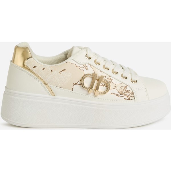Sneaker In Eco Nappa Liscia Con Lati Geo Beige Bianche-image