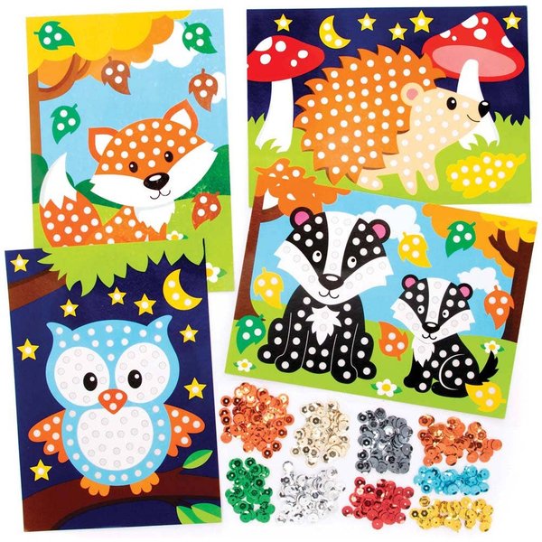 Woodland Animal Sequin Picture Kits (Pack of 4) 9 Sequin Colours, 4 Designs, 21cm x 15cm Size, Crafts For Kids