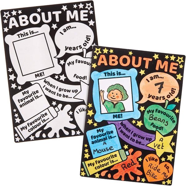 All About Me Fuzzy Art Posters (Pack of 10) Card Sheets 29.5cm x 21cm, Black Velvet Outline, Answer & Colour-In