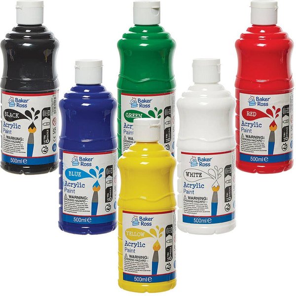Acrylic Paints Classpack 500ml (Pack of 6) 6 assorted colours - Red, Blue, Yellow, Green, White & Black