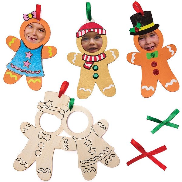 Gingerbread Man Colour-in Wooden Photo Frames (Pack of 10) Christmas Crafts 2 ribbon colours - Red & Green